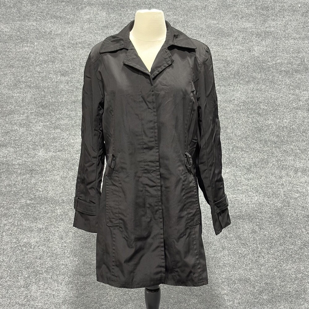 London Fog Trench Coat Womens Medium Black Belted Lined Classic Rain Jacket